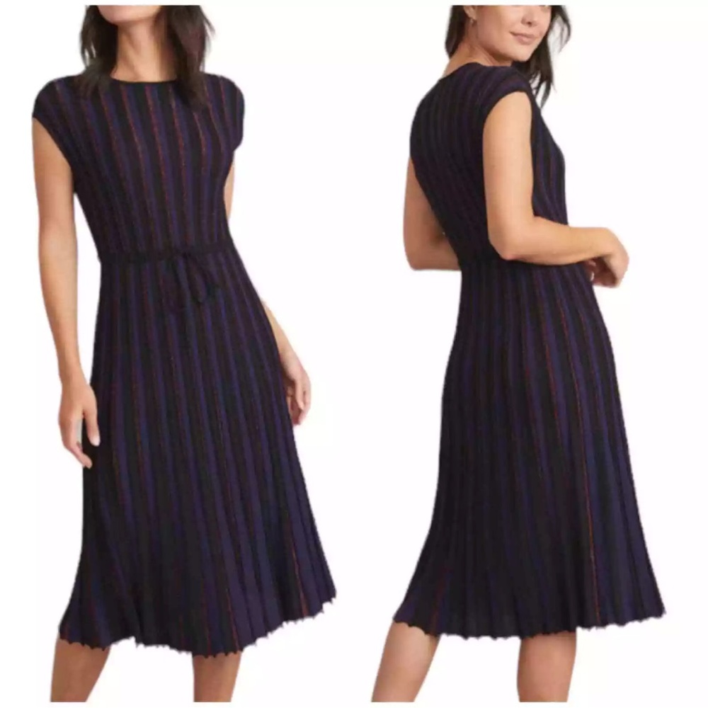 Marine Layer Penny Pleated Midi Dress Black Rainbow Lurex Size S Metallic